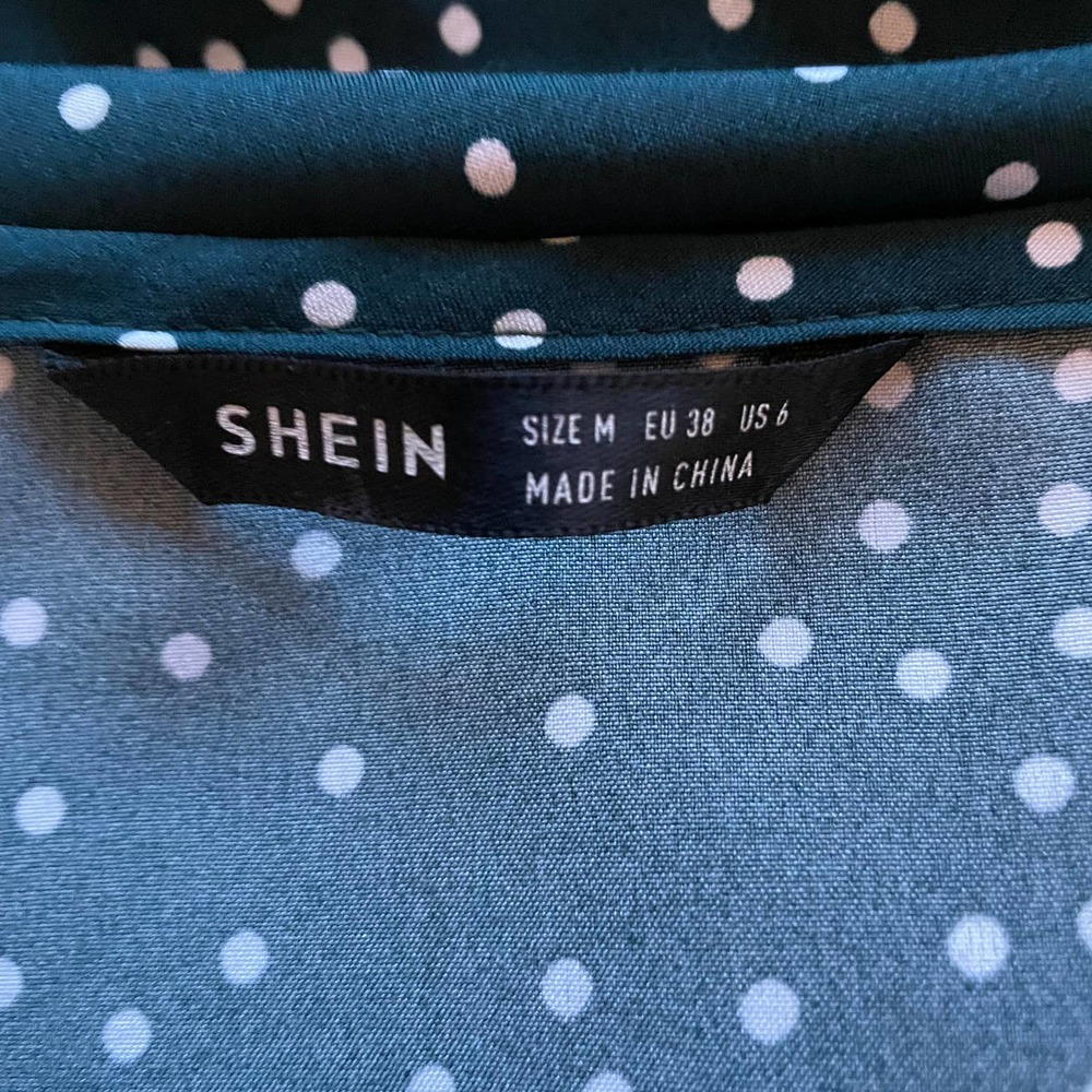 Blouse M Shein High Low Forest Green White Polka Dots Bell Sleeve Shirt - Picture 7 of 9